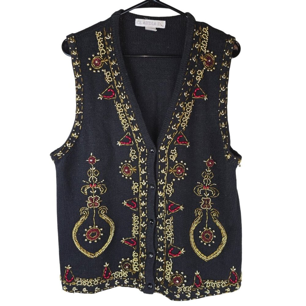 Vintage Claudia D. Black Knit Vest Red & Gold‎ Bead Embellishments 1996 Holiday